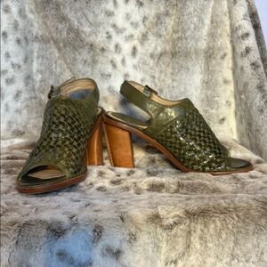 Frye Olive Woven Leather Slingback Block Heels